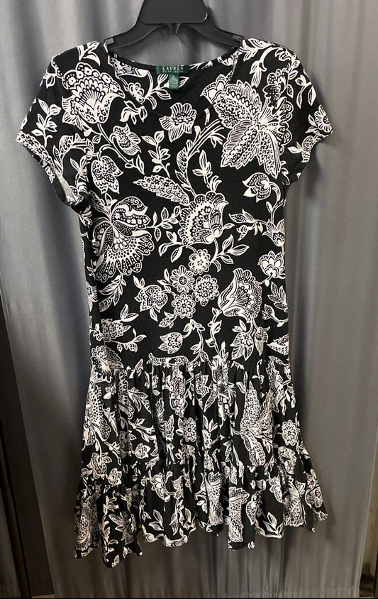 Lauren Ralph Lauren Women's Black White Floral Tiered Ruffle Cotton Dress Sz XL