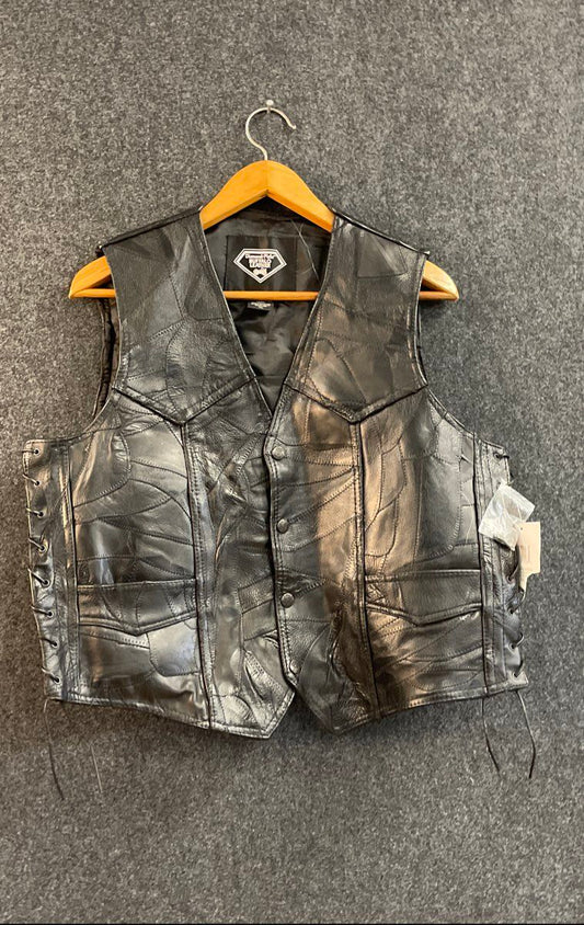Diamond Plate Men's Buffalo Leather Vest Black Patchwork Biker Motorcycle XL