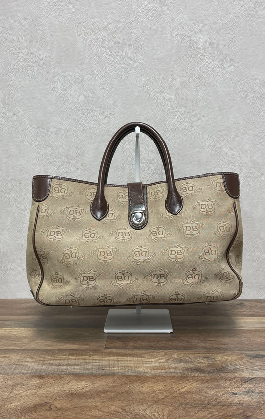 Dooney & Bourke Brown Beige Y2K DB Logo Jacquard Satchel Tote Bag Leather Trim