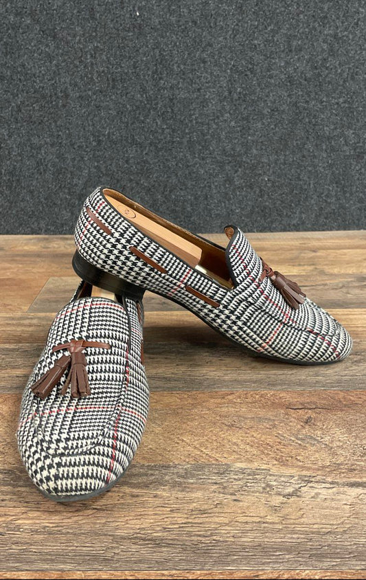 Elanroman Houndstooth Tassel Loafers Prince of Wales Check Red Sole Size 43