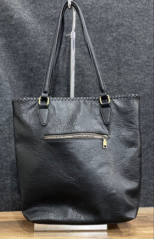Antik Kraft Black Leather Large Tote Shoulder Bag Whipstitch Animal Print