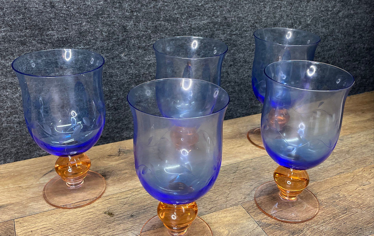 Set of 4 Pfaltsgraff Napoli Etched Cobalt Blue Goblets with Orange Stems