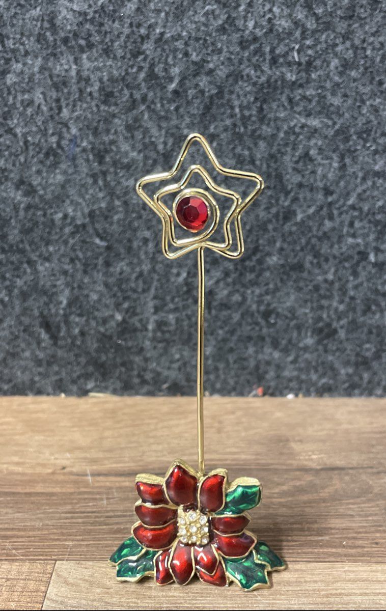 Vintage Holiday Pewter Clip Photo Holder Set of 3 Snowman Tree Poinsettia