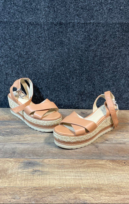 Vince Camuto Martinda Tan Leather Espadrille Platform Wedge Sandals Size 7.5