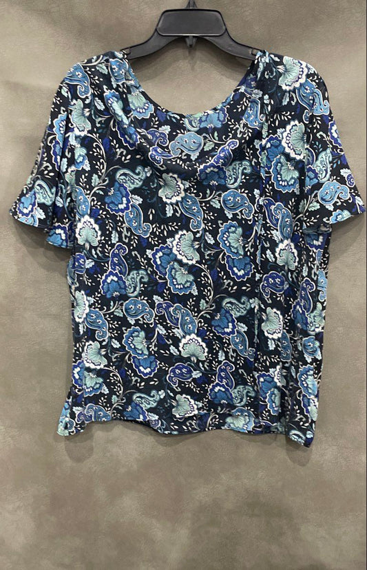 LOFT Women's Blue Paisley Short Sleeve Mixed Media Blouse Sz L