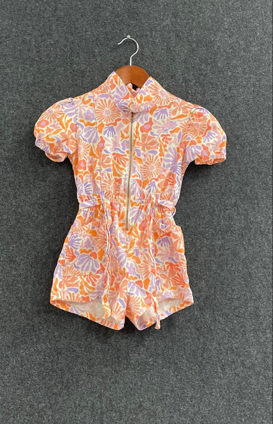 Vince Camuto Women's Romper Multicolor Floral Cotton Front Zip Puff Sleeve Sz 8