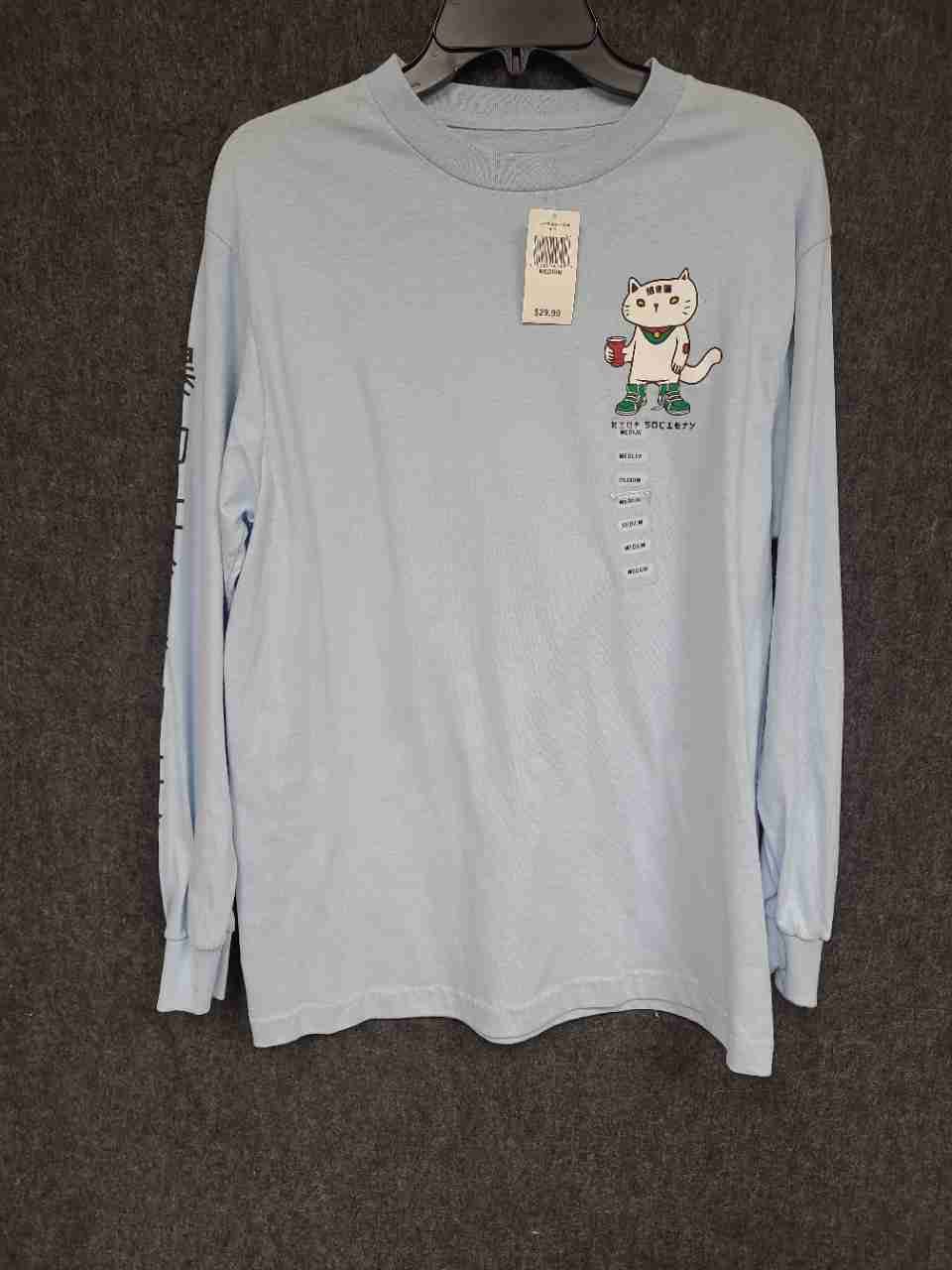 Riot Society Men's Light Blue Lucky Cat Noodle Box Long Sleeve Shirt Sz M NWT