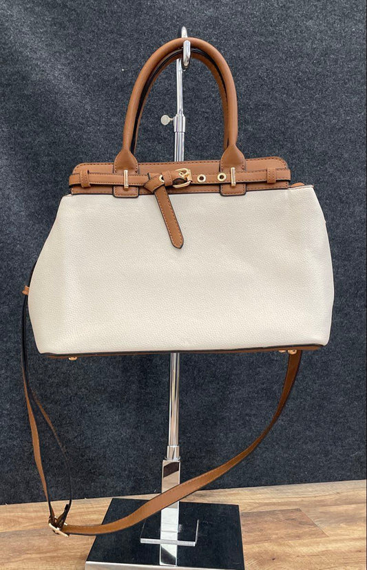 Seven Days White Tan Leather Satchel Handbag Crossbody Gold Tone Hardware