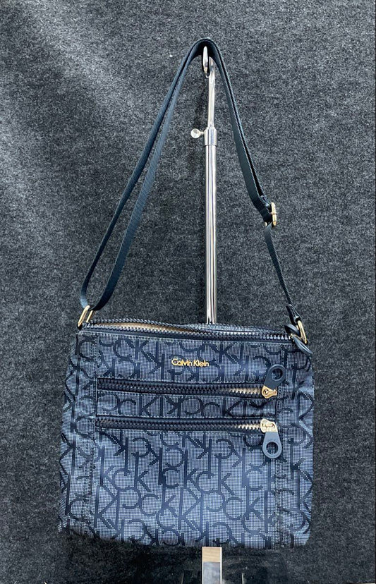 Calvin Klein Blue Monogram Triple Zip Crossbody Bag Gold Tone Hardware