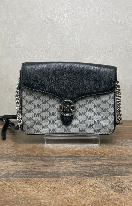 Michael Kors Grey Black Monogram MK Signature Crossbody Bag Silver Hardware