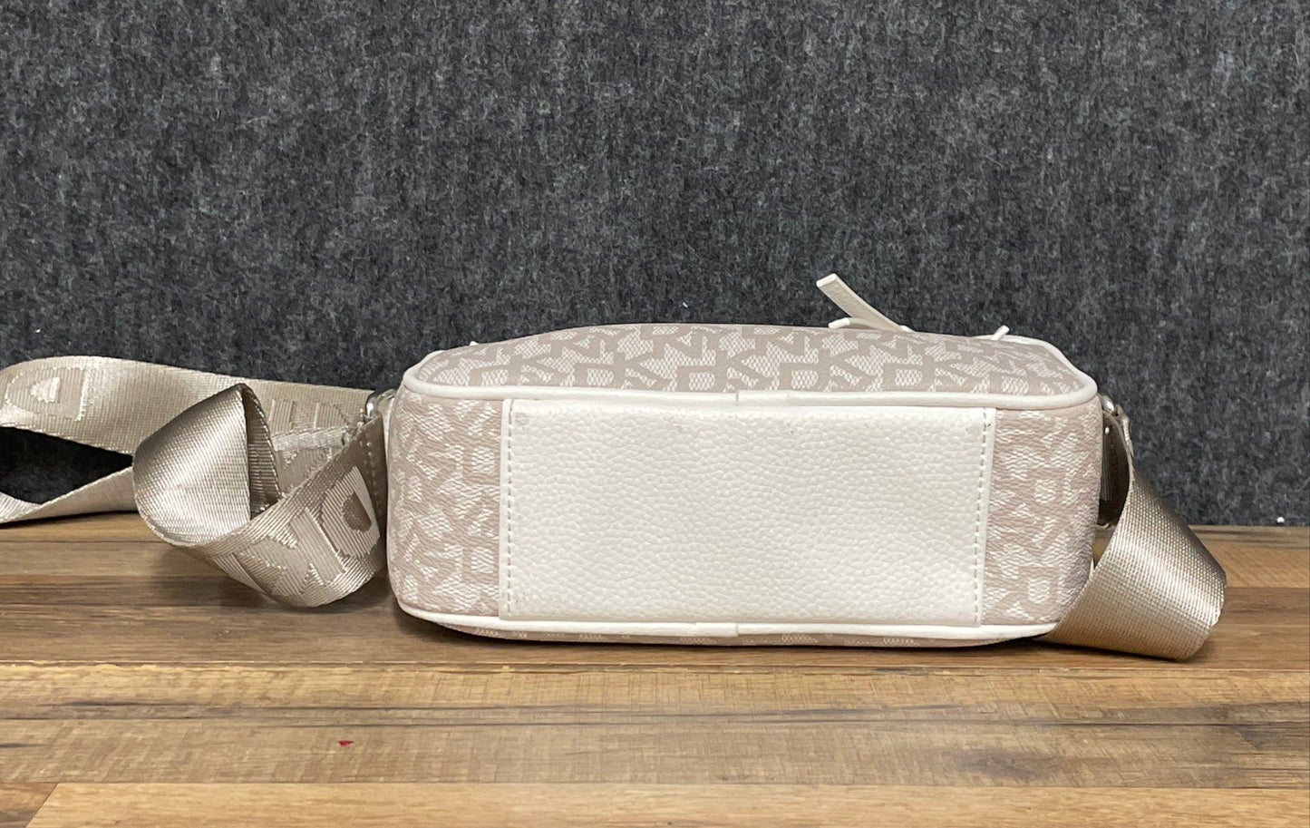 DKNY White Monogram Canvas Camera Crossbody Bag Silver Hardware