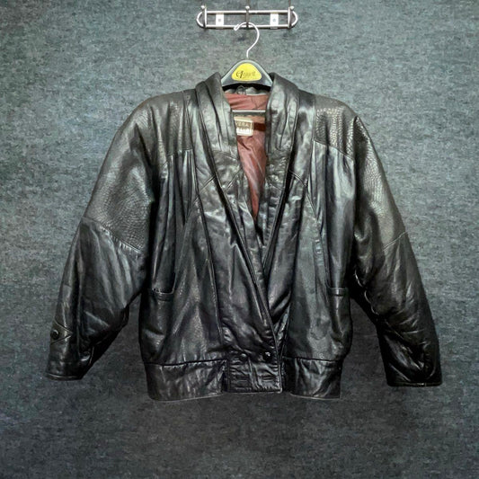 Vintage 80s Laps Women's Black Leather Bomber Jacket Dolman Batwing Italy Sz 44