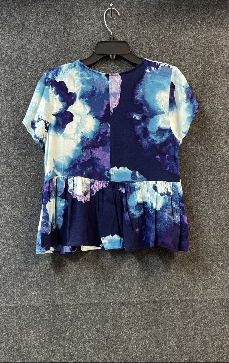 Juicy Couture Women's Blue Purple Watercolor Rayon Peplum Blouse Shirt Sz L