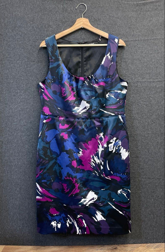 Tahari Women's Blue Purple Floral Abstract Print Sleeveless Sheath Dress Sz 14