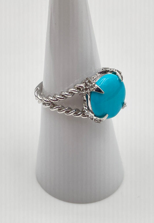 925 Sterling Silver Faux Turquoise Topaz Accents Twisted Rope Band Ring 3.5g