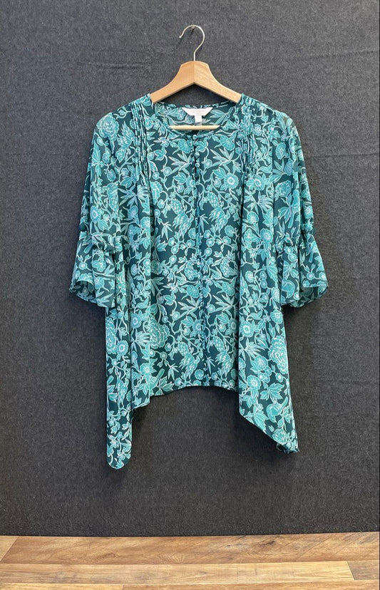 LC Lauren Conrad Women's Green Floral Handkerchief Hem Ruffle Sleeve Top Sz S