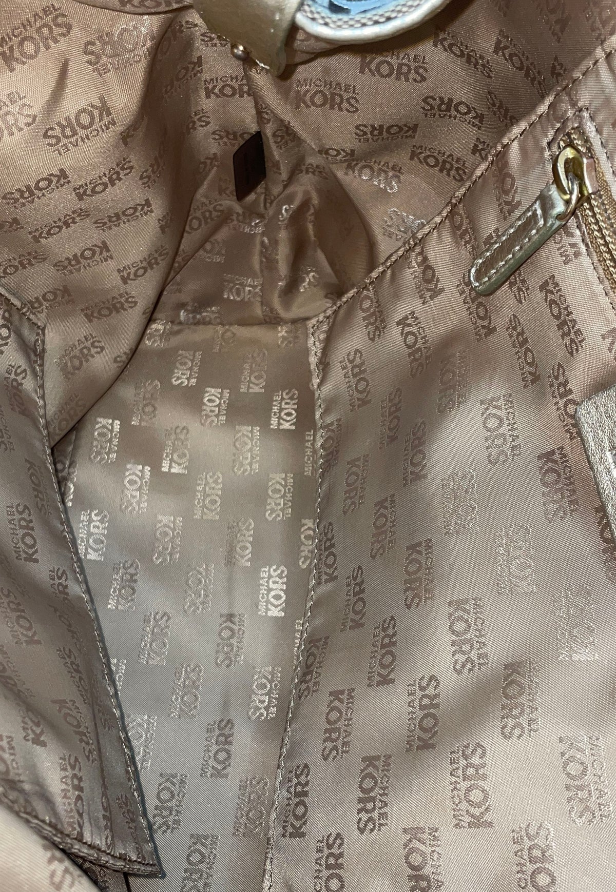 Michael Kors Gold Beige Signature Monogram Tote Bag Metallic Trim Gold Hardware