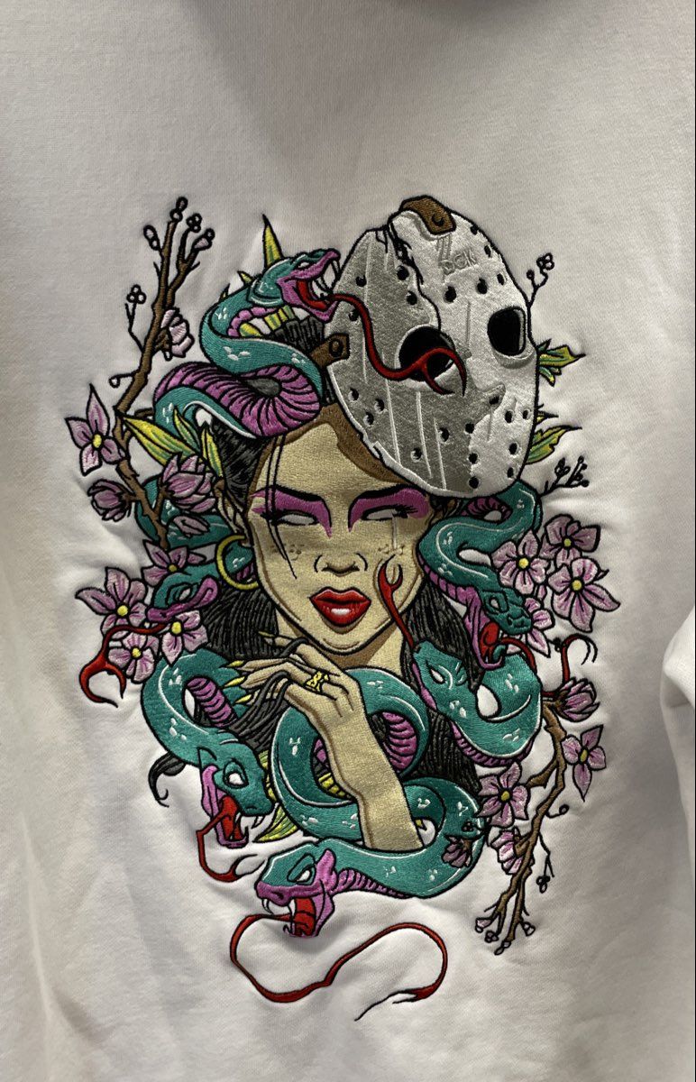 DGK Men's White Pink Floral Jason Hockey Mask Medusa Embroidered Hoodie Sz M