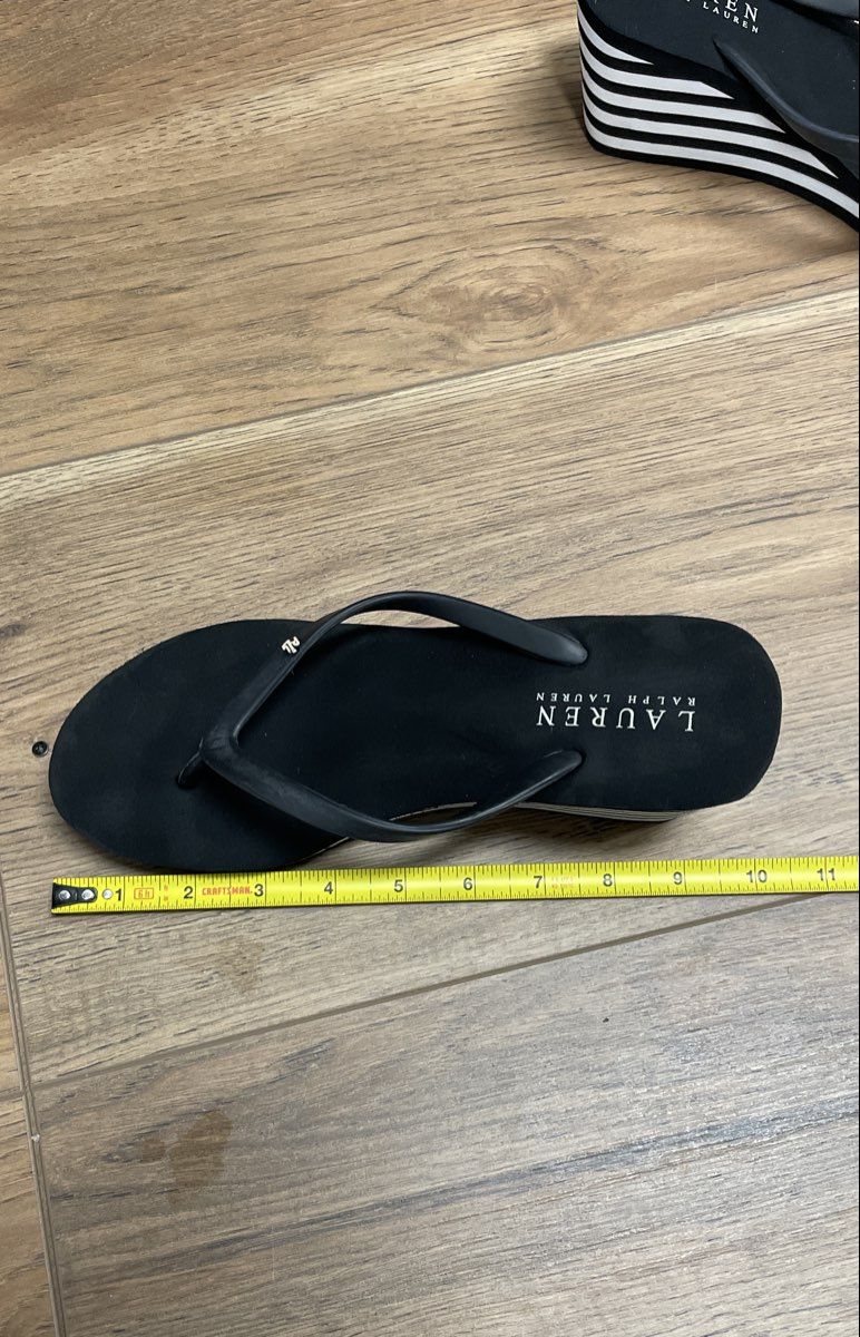 Lauren Ralph Lauren Black White Striped Wedge Flip Flop Sandals Women's Size 9