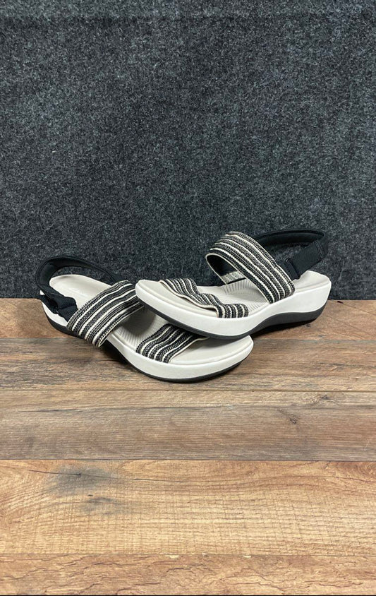 Clarks Arla Stroll Black White Cloudsteppers Wedge Sandals Size 10