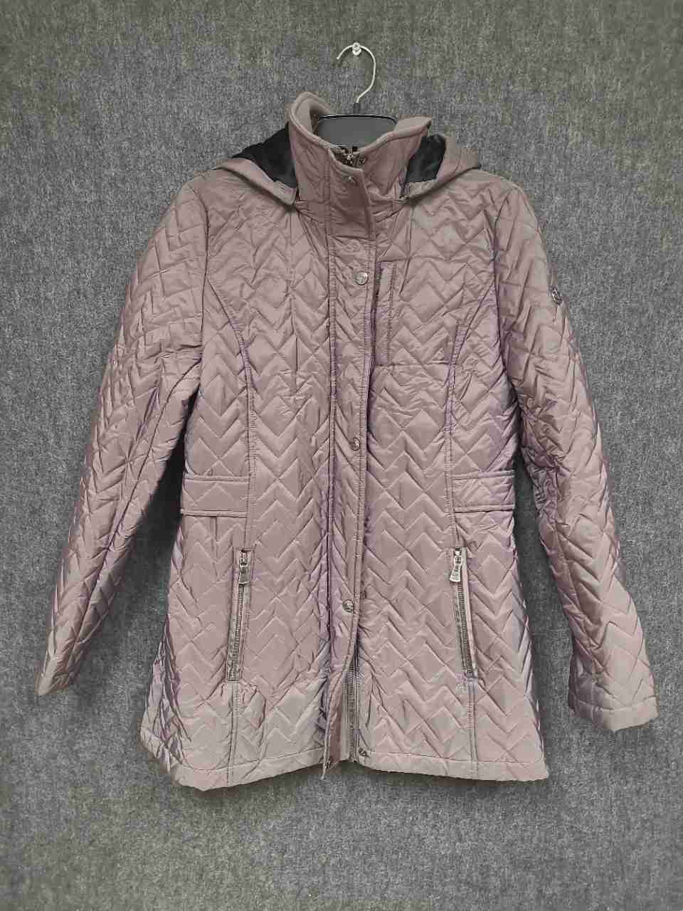 Calvin Klein Women's Mauve Chevron Quilted Hooded Satin Puffer Coat Sz M
