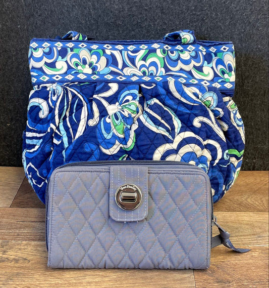 Vera Bradley Blue Floral Handbag & Purple Microfiber Turnlock Wallet Lot of 2