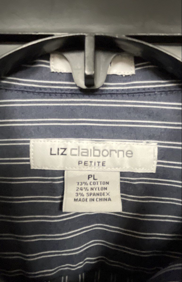 Liz Claiborne Women's Blue White Striped Petite Button Down Shirt Sz PL
