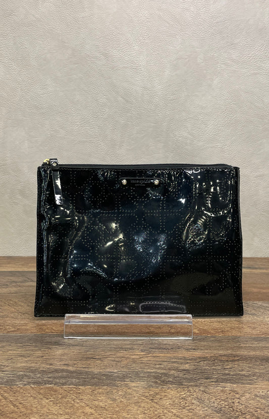 Kate Spade Black Perforated Patent Leather Flat Zip Pouch Clutch Bag