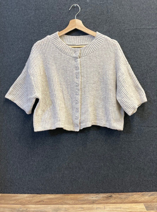 American Eagle Women's Beige Ribbed Cardigan Rhinestone Flower Buttons Sz L