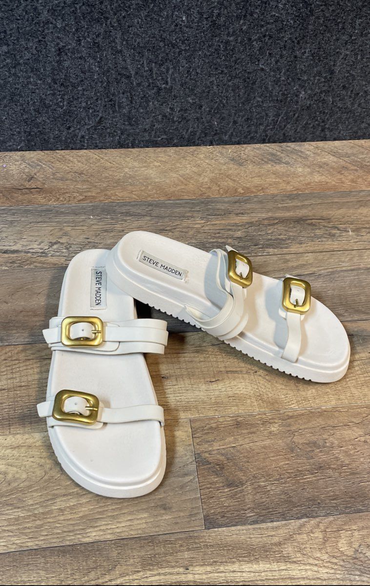 Steve Madden Margey Bone Leather Double Buckle Slide Sandals Women's Size 10
