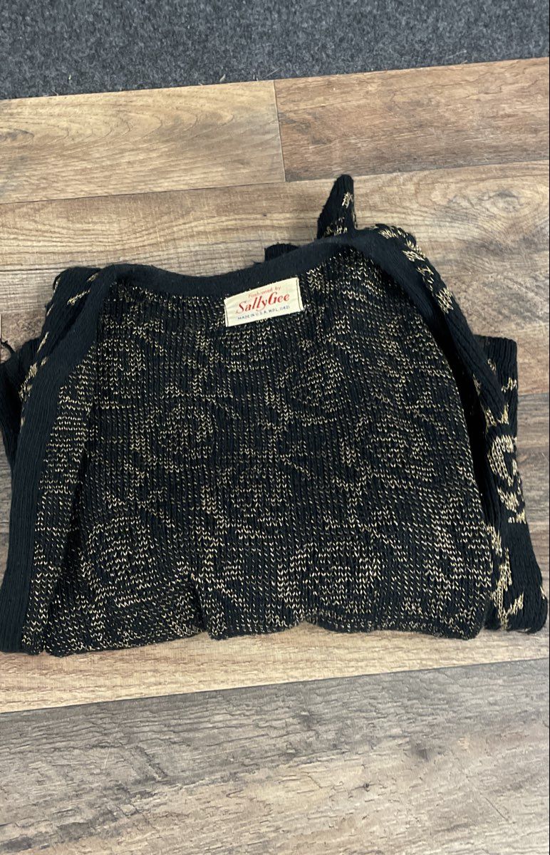 Vintage 70s SallyGee Women's Cardigan Sweater Black Gold Metallic Floral Open