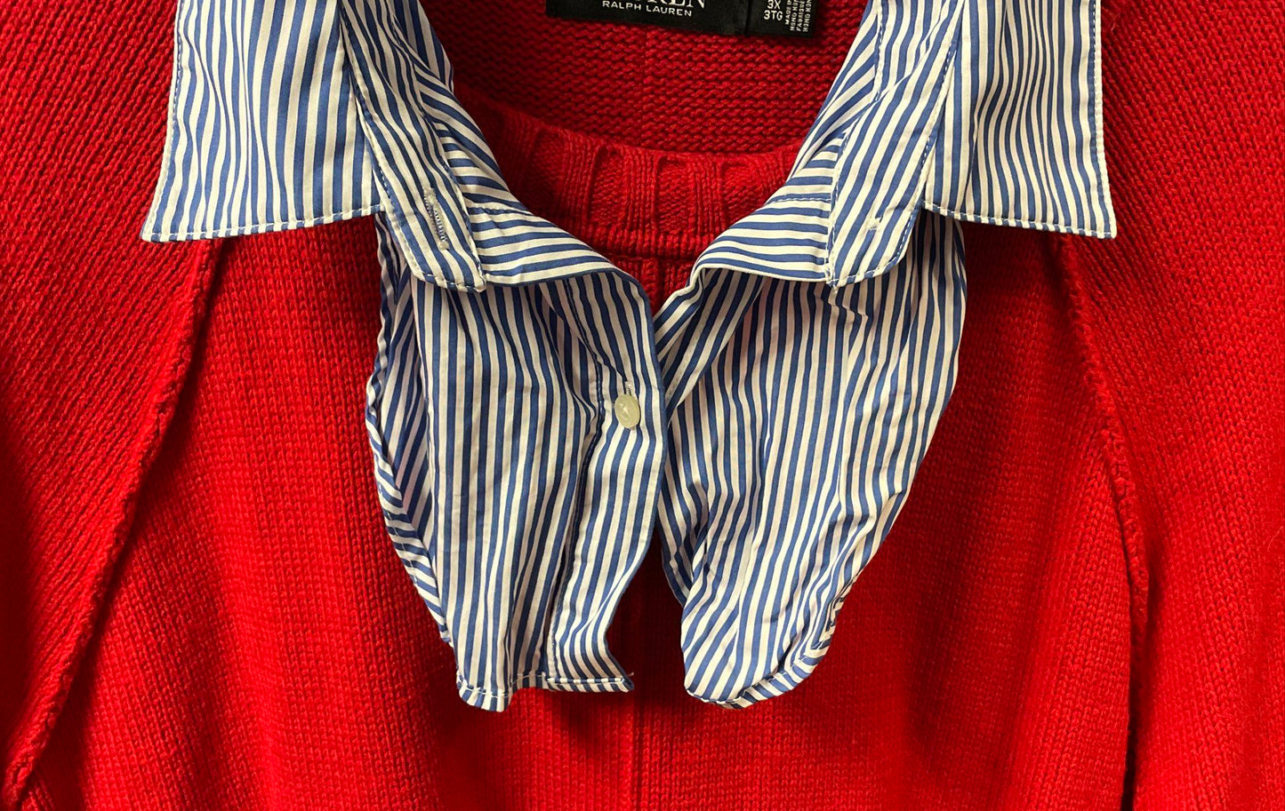 Lauren Ralph Lauren Women's Red Sweater Faux Layered Shirt Collar Hem Sz 3XL