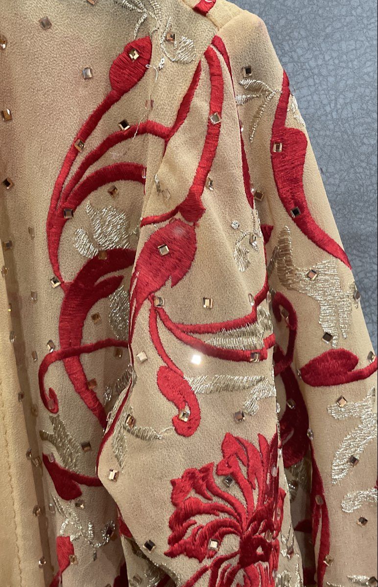 Women's Beige Red Gold Floral Embroidered Mirror Sequin Open Front Long Tunic