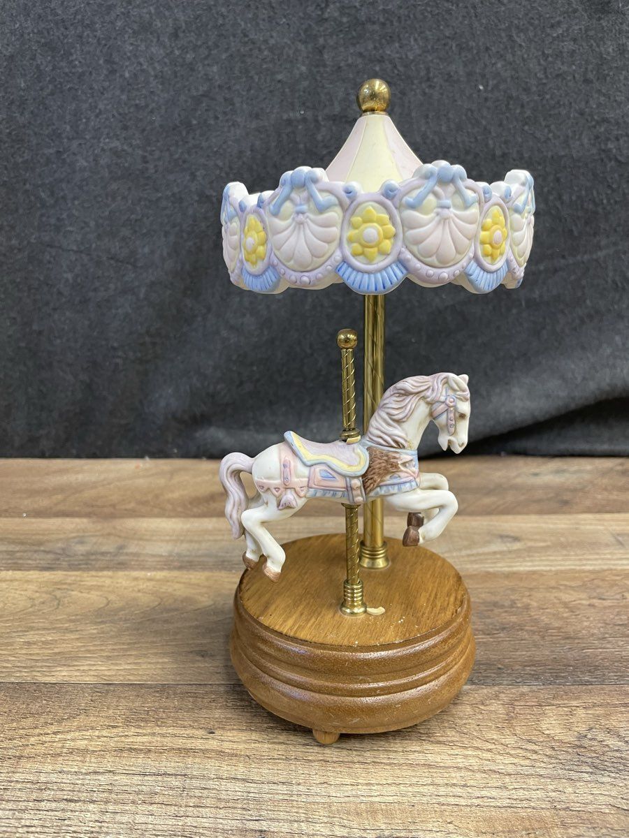 Vintage Carousel Horse Music Box Edelweiss Pastel Ceramic Figurine Wood Base