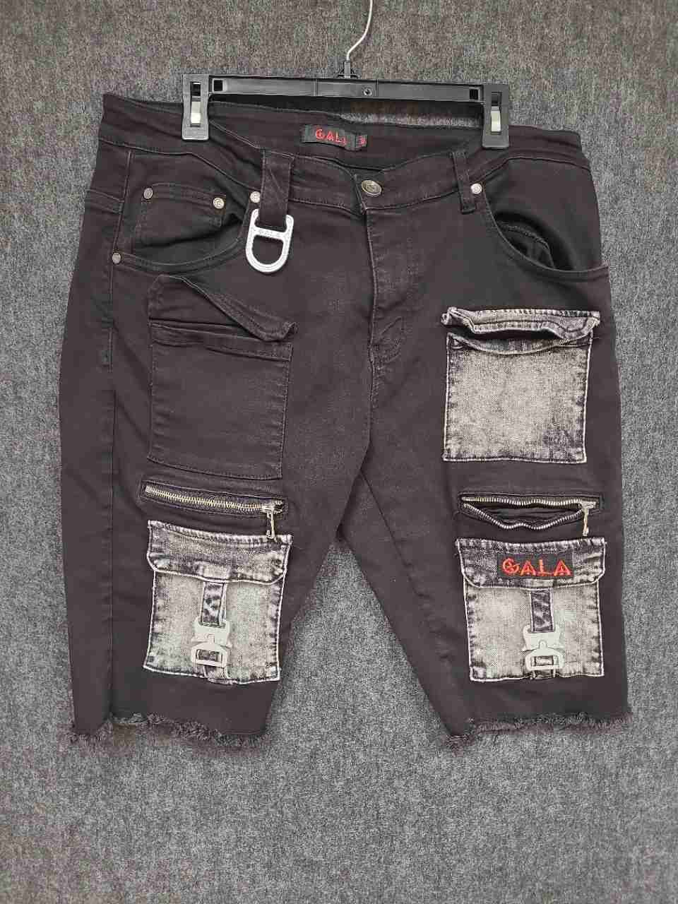 Gala Men's Black Tactical Multi-Pocket Acid Wash Cargo Denim Shorts Size 38