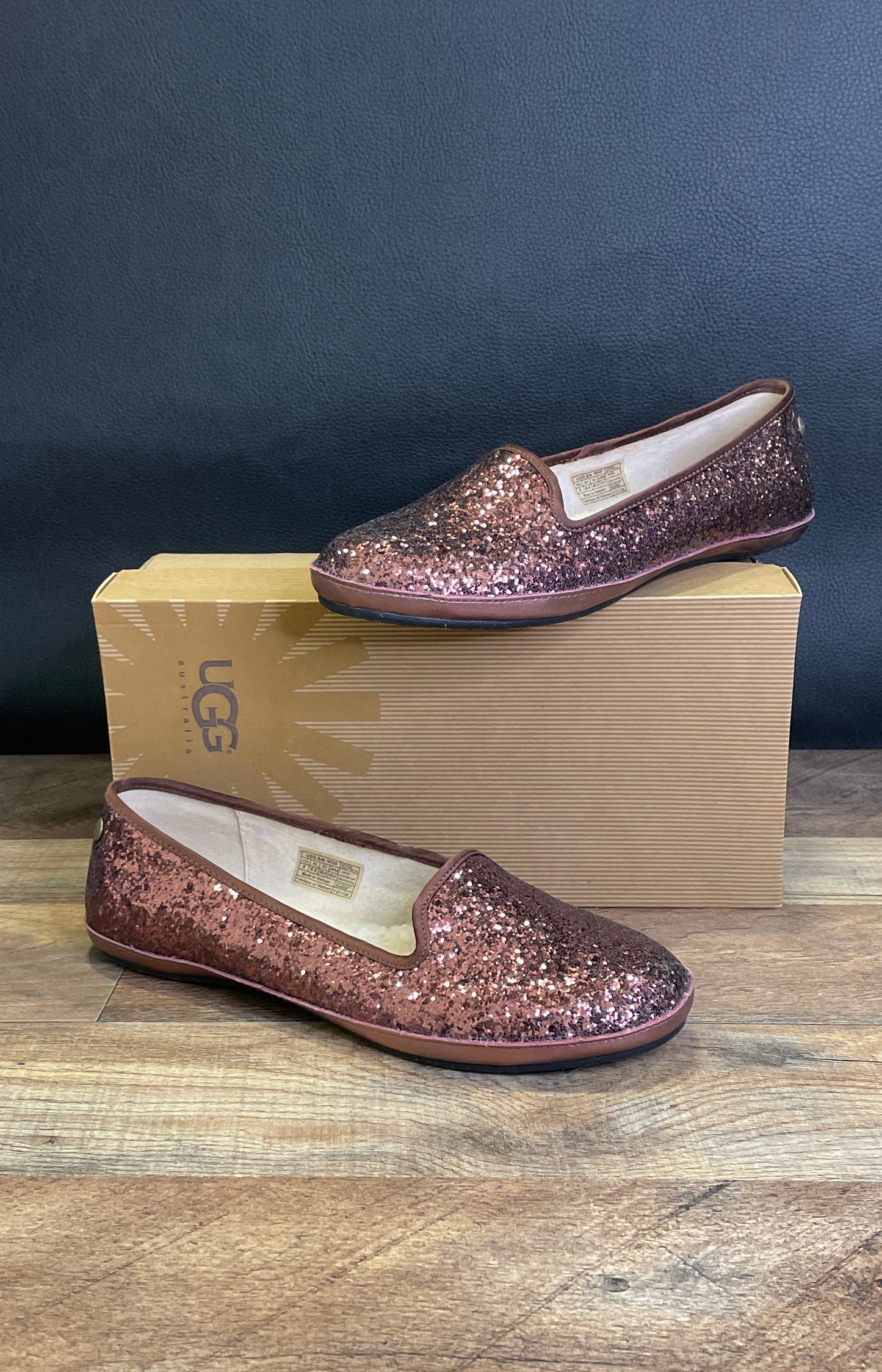 UGG Alloway Glitter Bronze Rose Gold Smoking Flat Loafers Women's Size 8