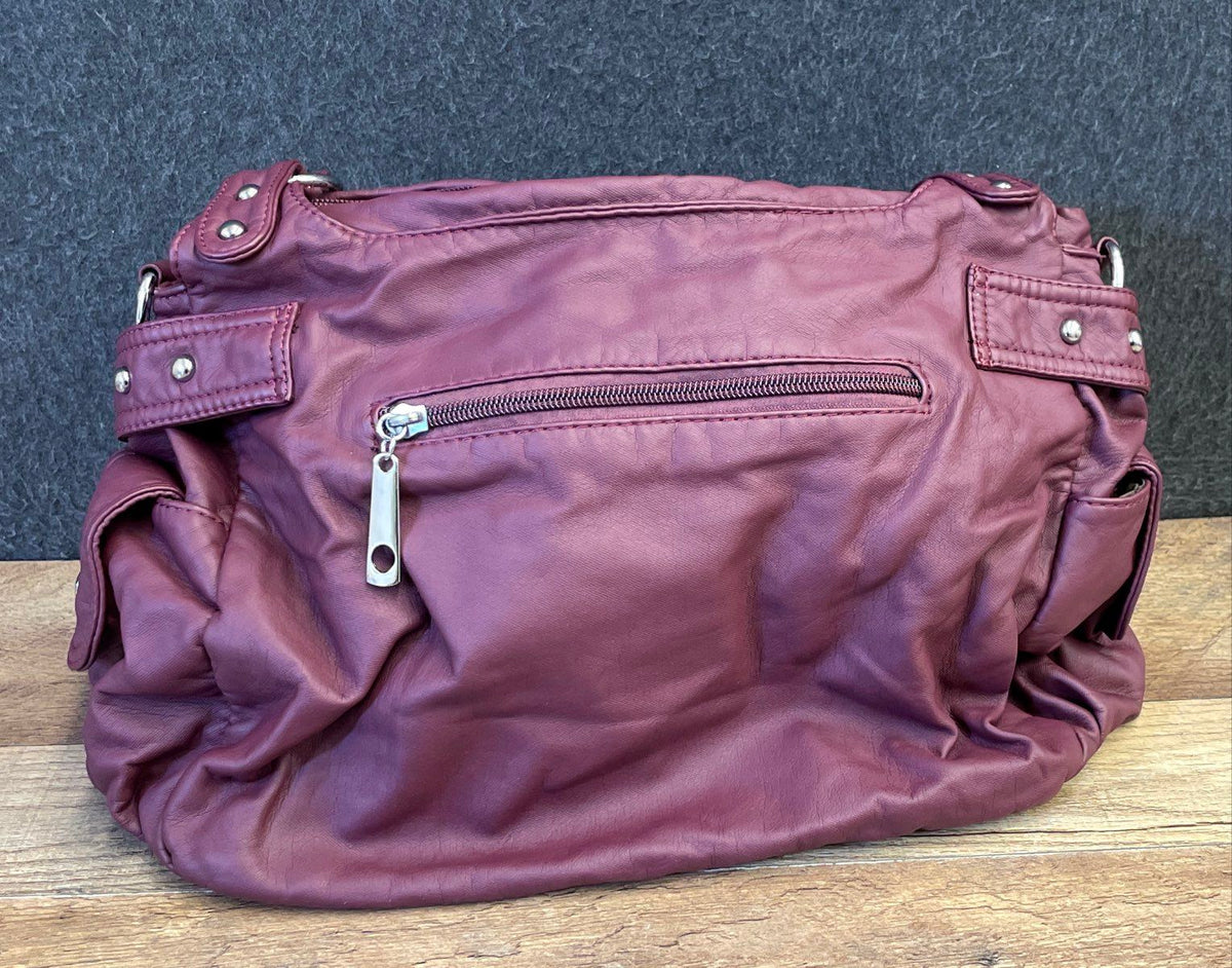 Scarleton Maroon Studded Vegan Leather Shoulder Bag Satchel Silver Hardware