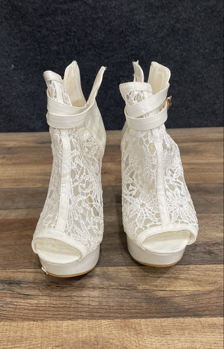 Lafer White Lace Open Toe Platform Ankle Strap High Heels Size 42