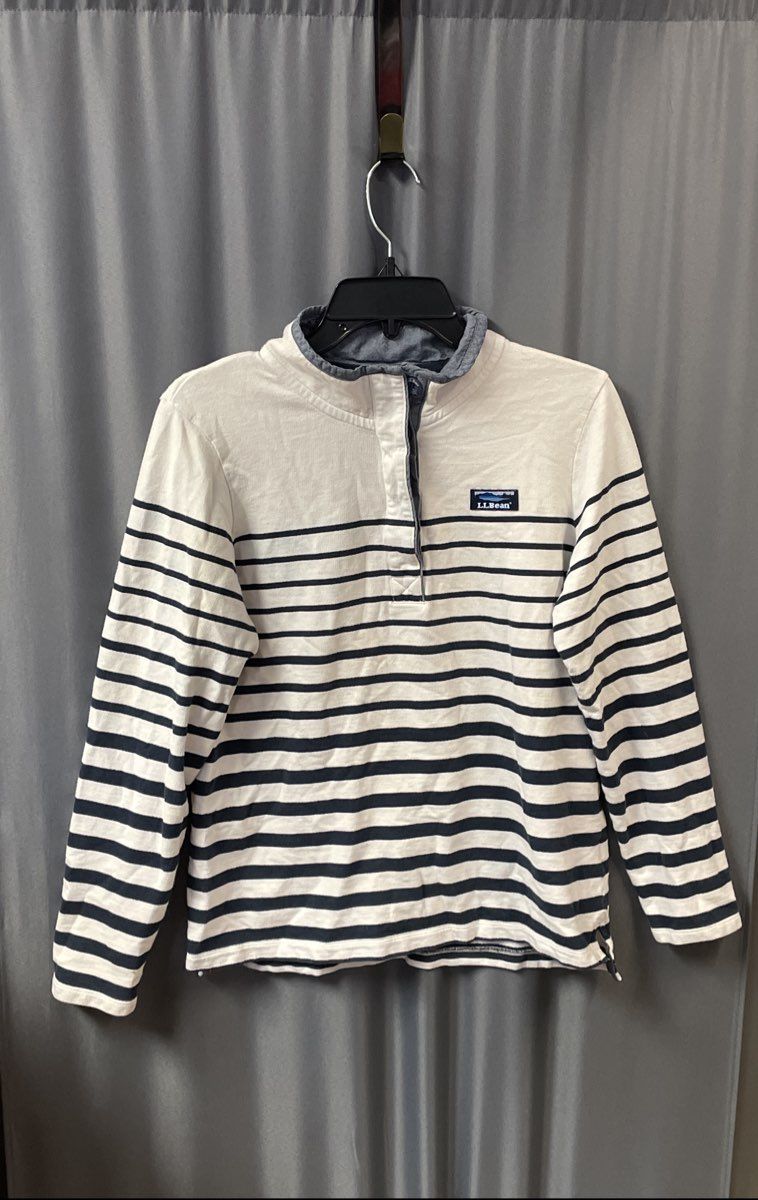 LL Bean Women's White Navy Blue Striped Long Sleeve Polo Rugby Shirt Sz M