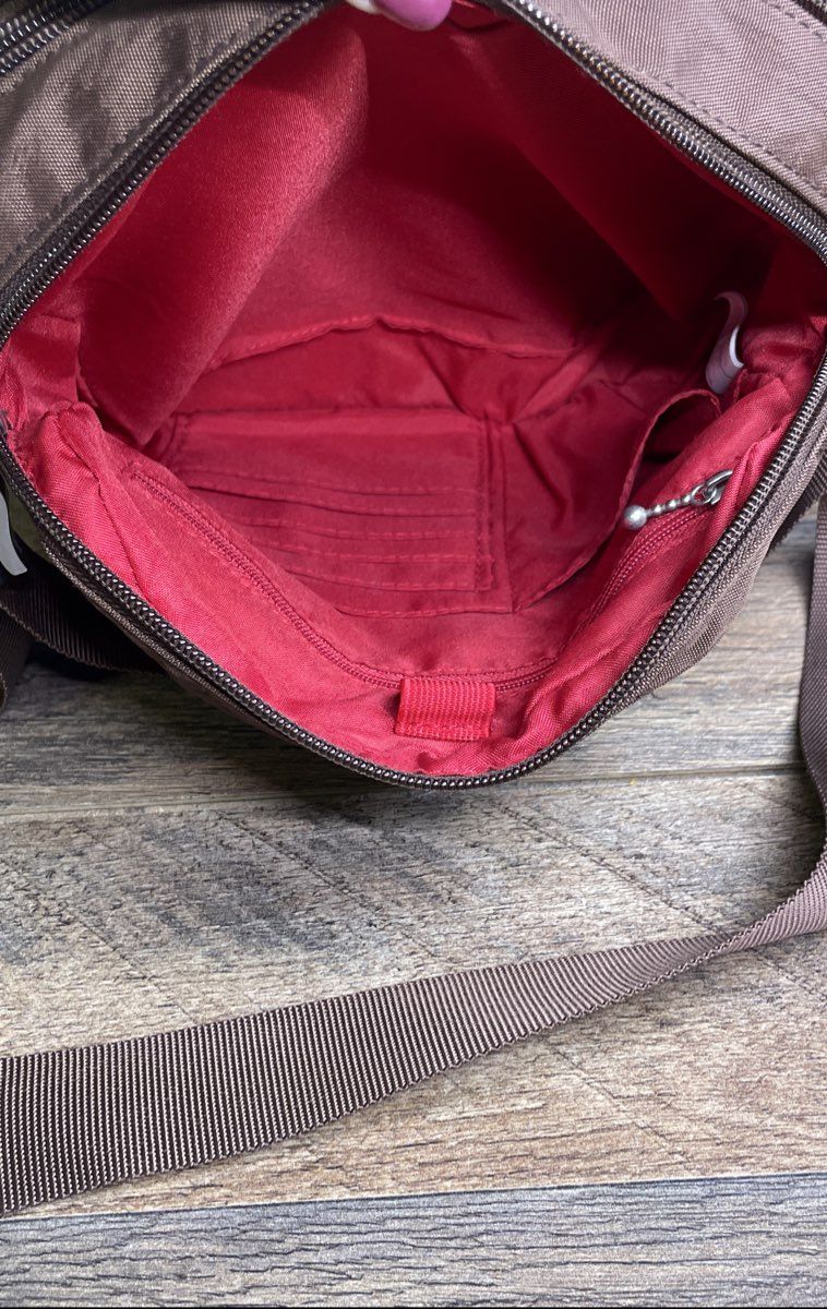 Baggallini Brown Nylon Triple Zip Crossbody Bag Red Interior Organizer
