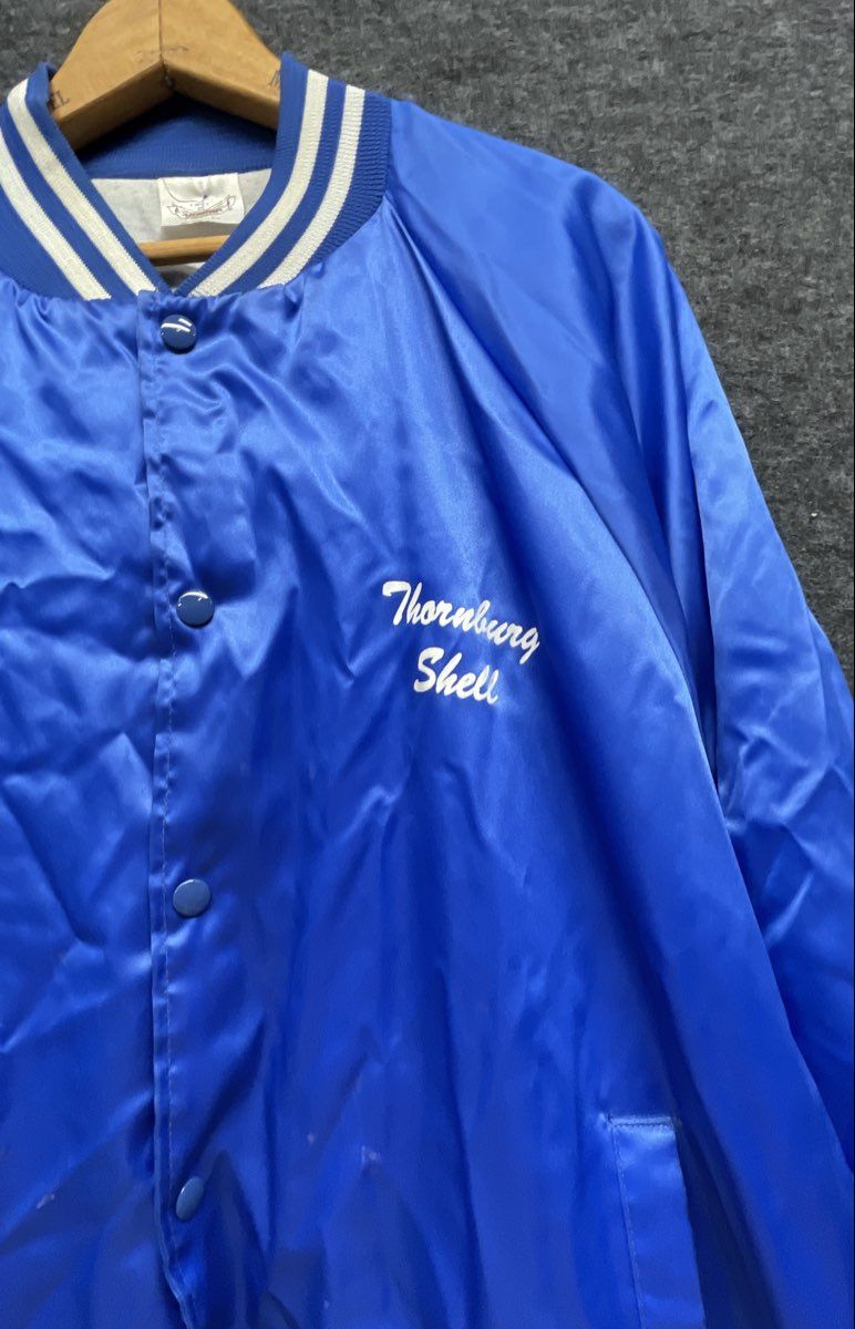 Vintage 80s Thornburg Shell 24 Hr Towing Satin Bomber Jacket Blue XL USA