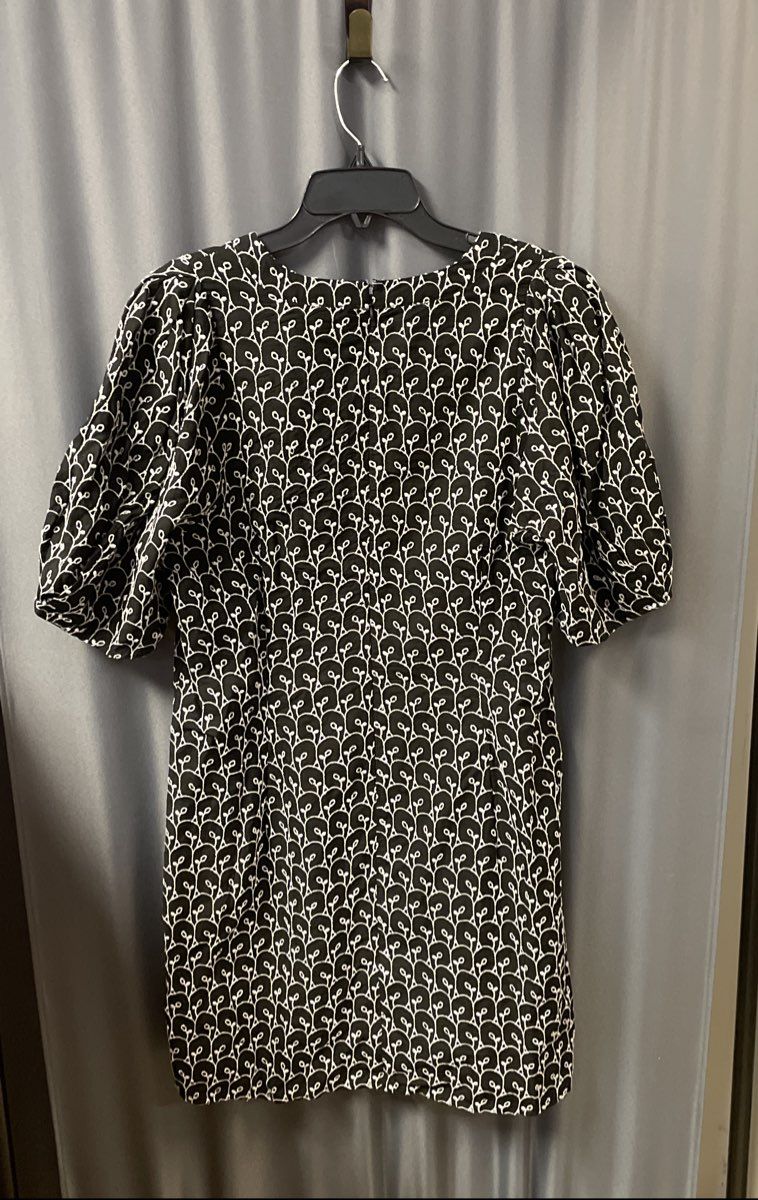 Loft Women's Black White Embroidered Short Puff Sleeve V-Neck Dress Sz 12 NWT