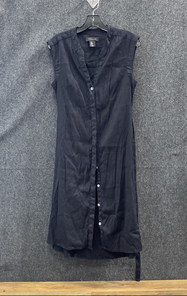 Tahari Women's Black Longline Linen Blend Button Front Tie Waist Vest Sz 2