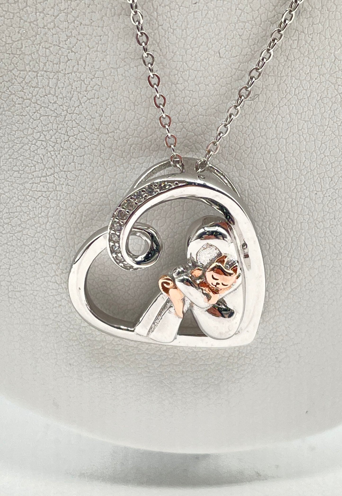 925 Sterling Silver Two-Tone Girl & Cat w/ CZ Heart Pendant Necklace 5.8g