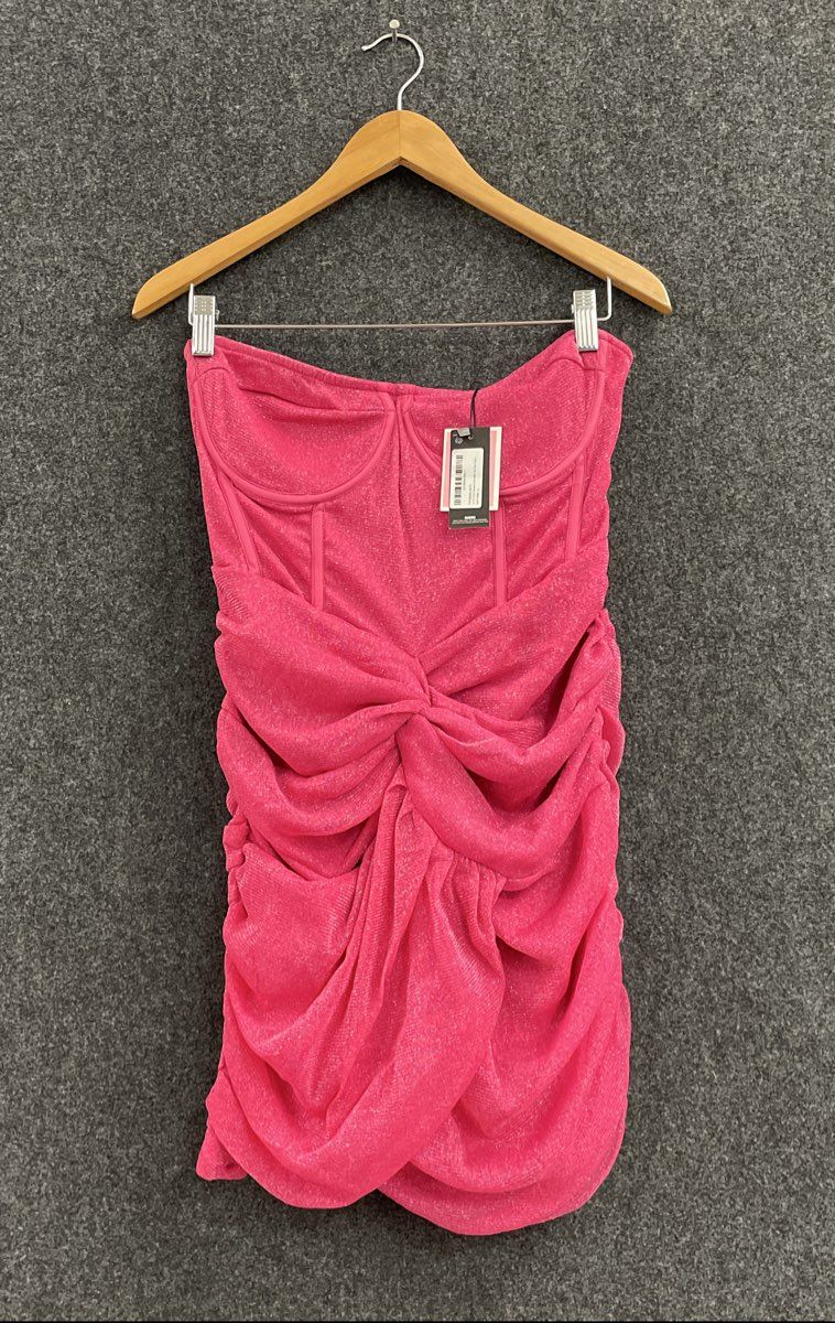 PrettyLittleThing Women's Pink Ruched Metallic Strapless Mini Dress NWT Sz 10