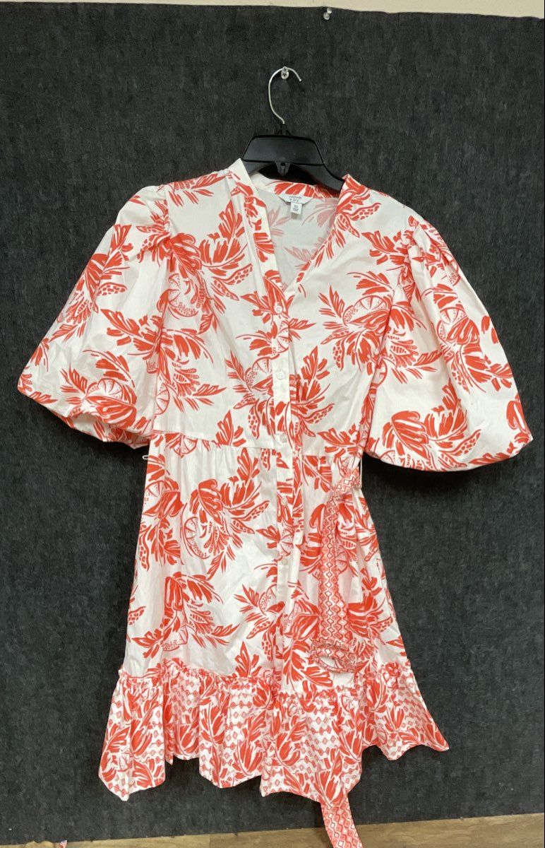 Crown & Ivy Women's White Orange Tropical Floral Puff Sleeve Mini Dress Sz XS