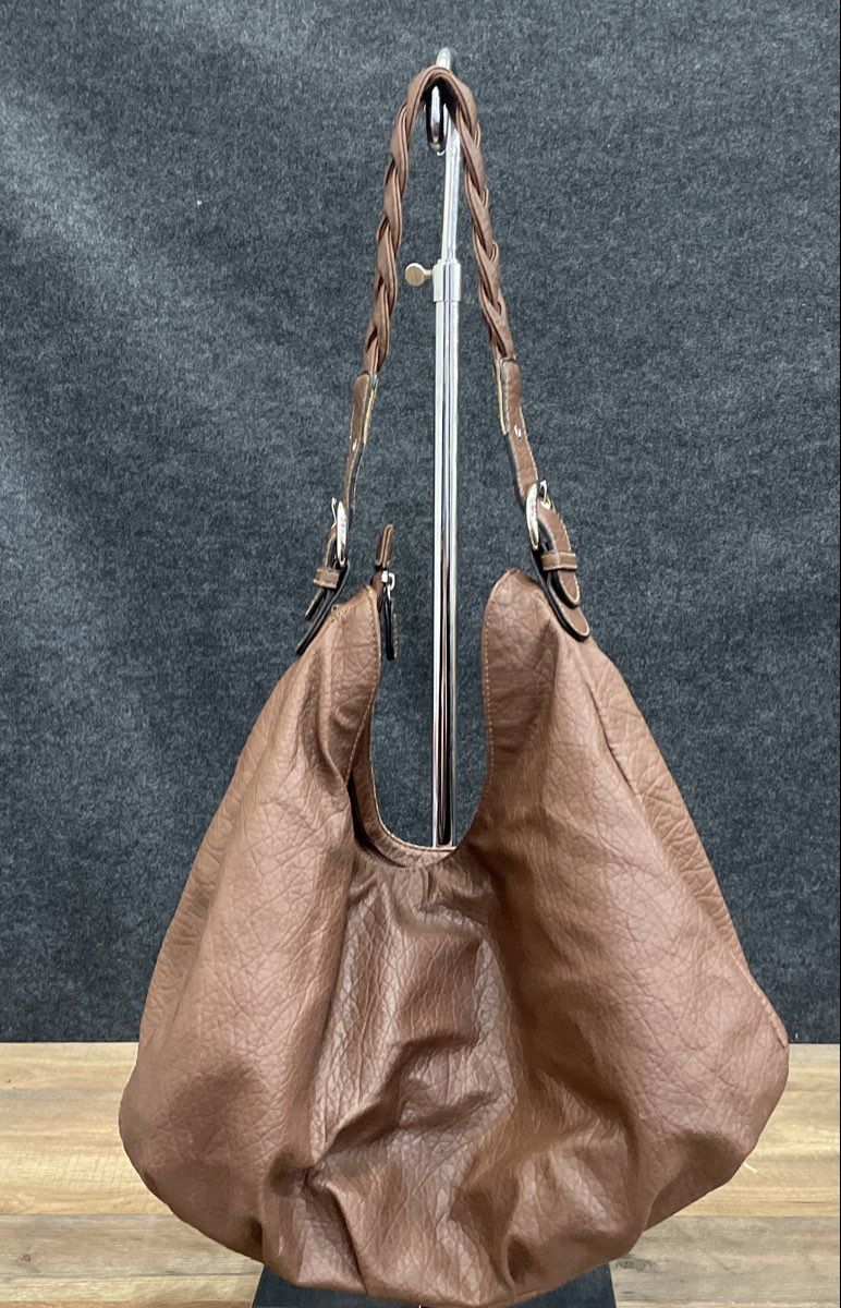 Rosetti Brown Pebbled Hobo Shoulder Bag Braided Strap Gold Hardware