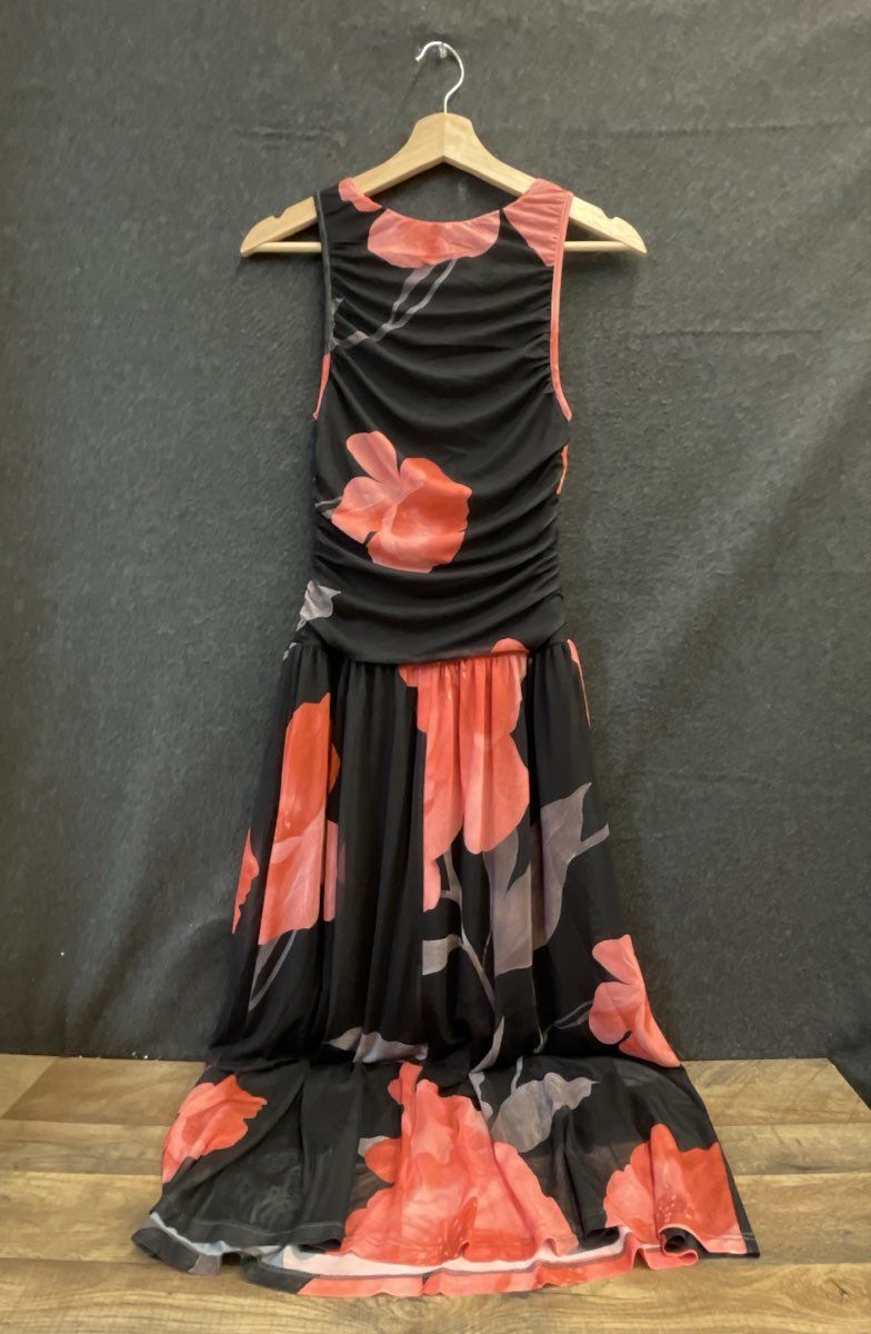 Wenrine Women's RT1149 Black Coral Floral Mesh Ruched Maxi Dress Sz XS