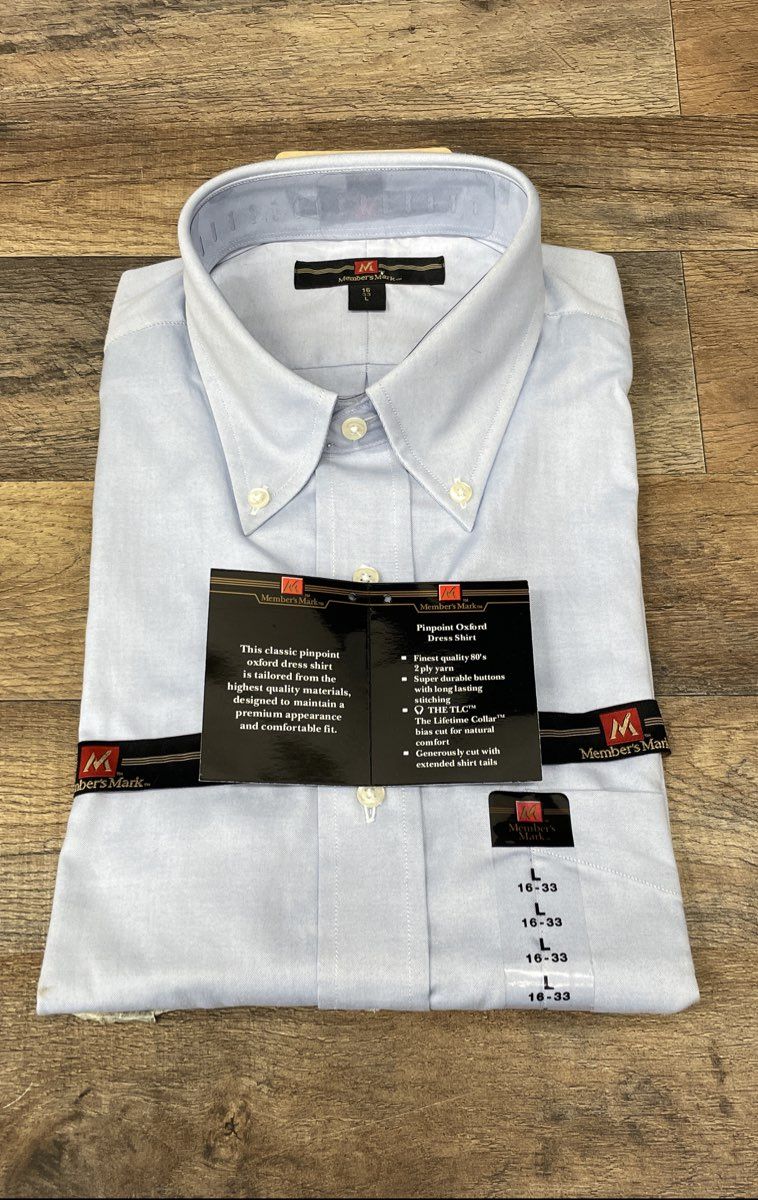 Member's Mark Men's Blue Pinpoint Oxford Dress Shirt NWT Size L 16-33