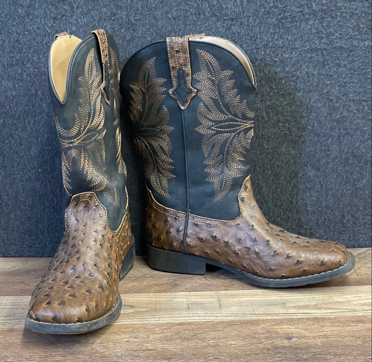 Roper Big Kids Faux Ostrich Print Western Cowboy Boots Brown Black Size 6